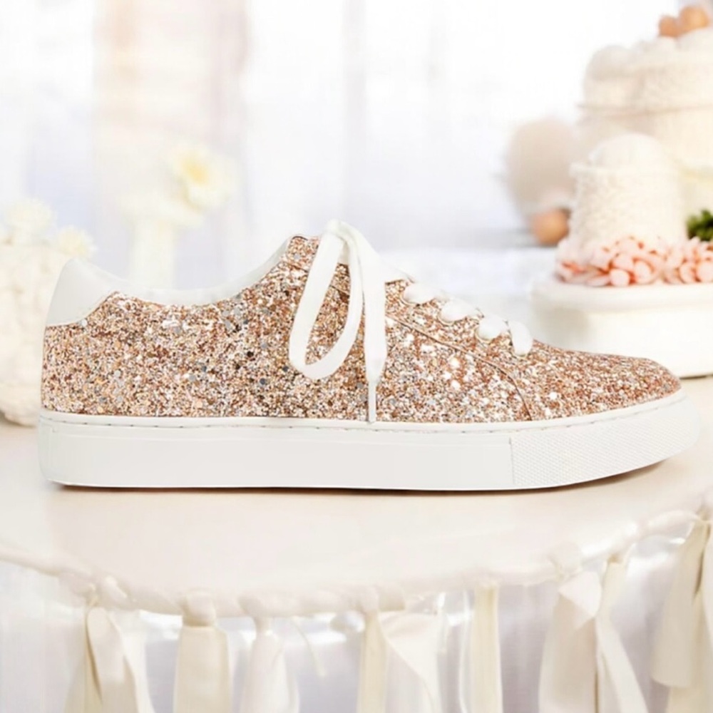 🆕J. Crew Gold Sneakers with Glittery Upper and Casual Lace-Up Design - Picture 1 of 15